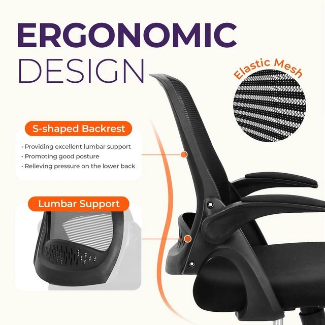 Alt view image 4 of 7 - Office Desk Chair, Ergonomic Mesh with Flip-Up Arms, Dark Black | Lumbar Support, Height Adjustment, 360° Swivel and Rolling Base, Space-Saving Design for Home Office, Vanity or Study