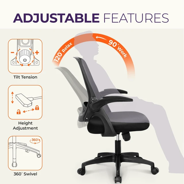 Alt view image 5 of 7 - Office Desk Chair, Ergonomic Mesh with Flip-Up Arms, Dark Black | Lumbar Support, Height Adjustment, 360° Swivel and Rolling Base, Space-Saving Design for Home Office, Vanity or Study