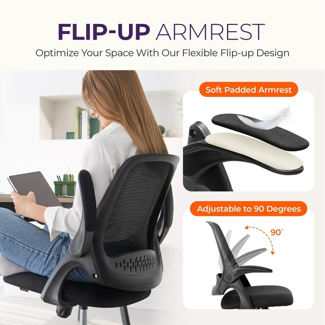 Alt view image 6 of 7 - Office Desk Chair, Ergonomic Mesh with Flip-Up Arms, Dark Black | Lumbar Support, Height Adjustment, 360° Swivel and Rolling Base, Space-Saving Design for Home Office, Vanity or Study