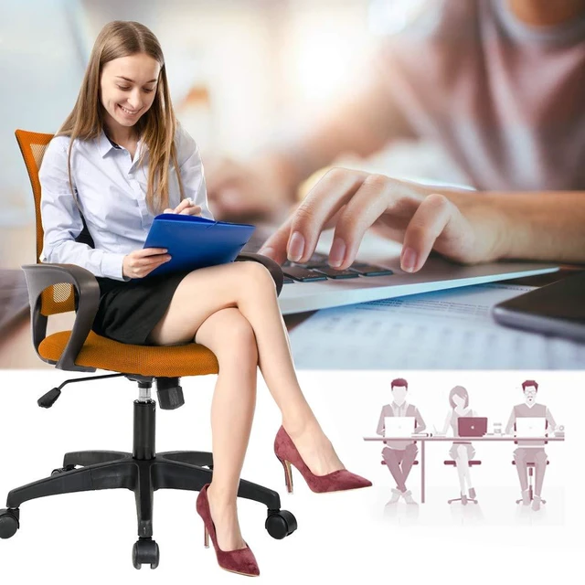 Alt view image 2 of 7 - Ergonomic Office Chair | Mid-Back Swivel Desk Chair | Breathable Backrest & Lumbar Support | Adjustable Height | Sponge Seat | Rolling Wheels | Orange | for Adults & Women | Pack of 2