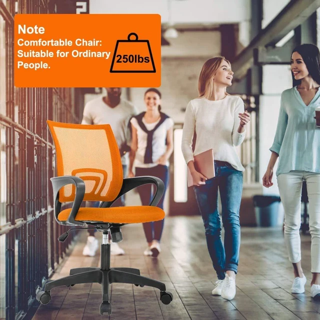 Alt view image 3 of 7 - Ergonomic Office Chair | Mid-Back Swivel Desk Chair | Breathable Backrest & Lumbar Support | Adjustable Height | Sponge Seat | Rolling Wheels | Orange | for Adults & Women | Pack of 2
