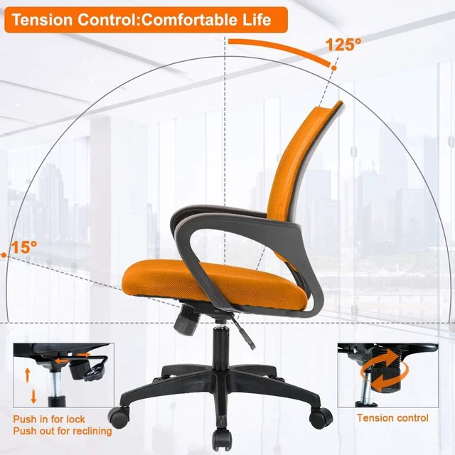 Alt view image 5 of 7 - Ergonomic Office Chair | Mid-Back Swivel Desk Chair | Breathable Backrest & Lumbar Support | Adjustable Height | Sponge Seat | Rolling Wheels | Orange | for Adults & Women | Pack of 2