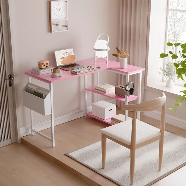 Alt view image 2 of 7 - 40 Inch L Shaped Computer Desk with Reversible Side Storage Shelves, Small Corner Desk for Small Space Home Office, Writing Study Table PC Desk for Bedroom, Pink