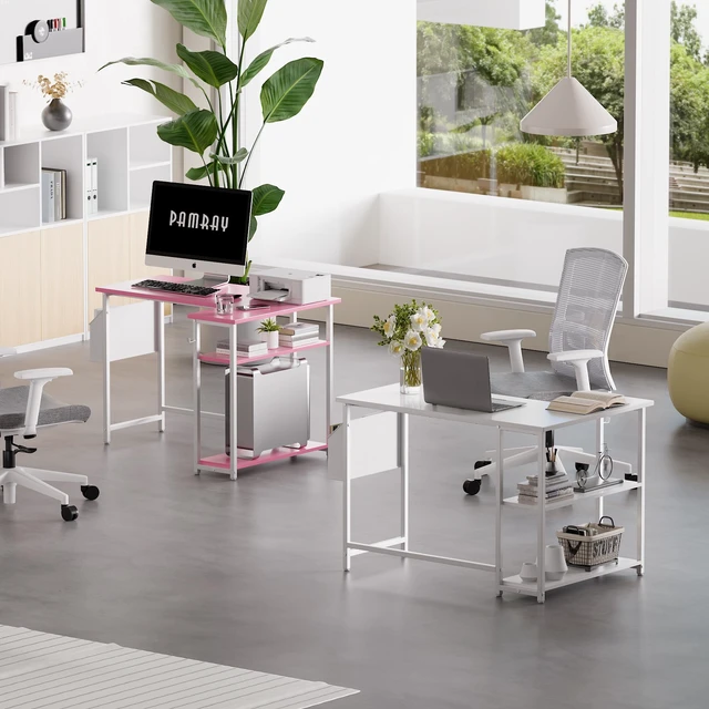 Alt view image 3 of 7 - 40 Inch L Shaped Computer Desk with Reversible Side Storage Shelves, Small Corner Desk for Small Space Home Office, Writing Study Table PC Desk for Bedroom, Pink