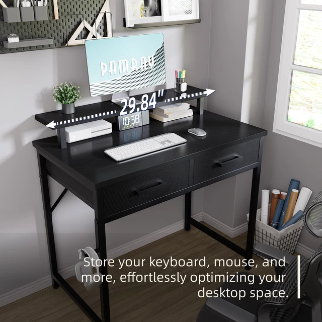 Alt view image 3 of 5 - 32 Inch Small Computer Desk with Monitor Stand and 2 Drawers | Small Gaming Desk, for Bedroom Apartment and Dorm, for Study Work and Writing, Small Spaces, Sturdy, Easy Assembly