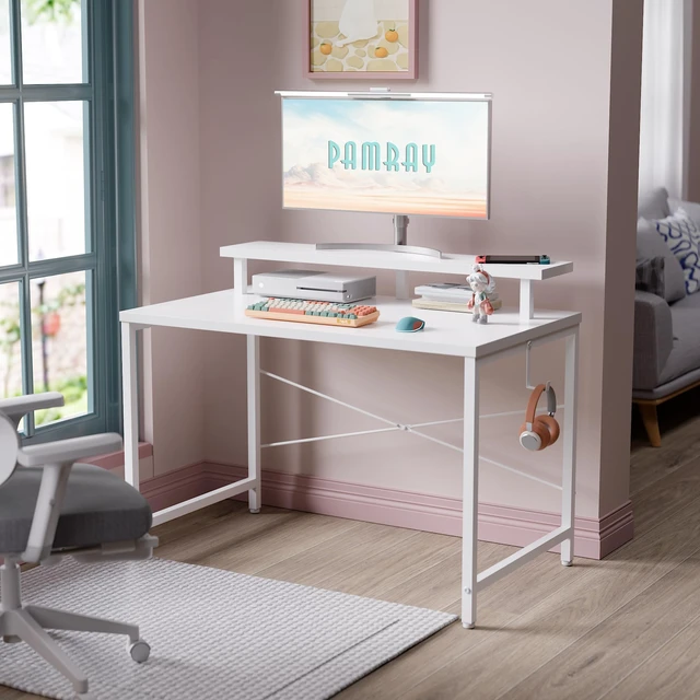 Alt view image 2 of 6 - 32 Inch Small Computer Desk with Monitor Stand, Simple Office Desk with Headphone Hook for Small Spaces, Kids Study Writing Table for Bedroom, White
