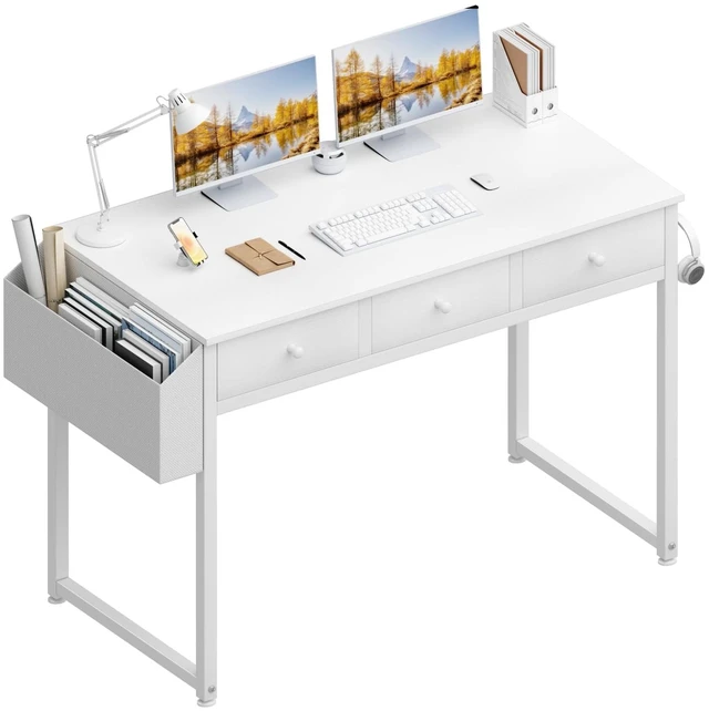 Main image of Small White Computer Desk with Drawers for Home Office Bedroom, 40 Inch Vanity Desk with Fabric Drawer Storage and Side Pouch, Study Writing Table, White