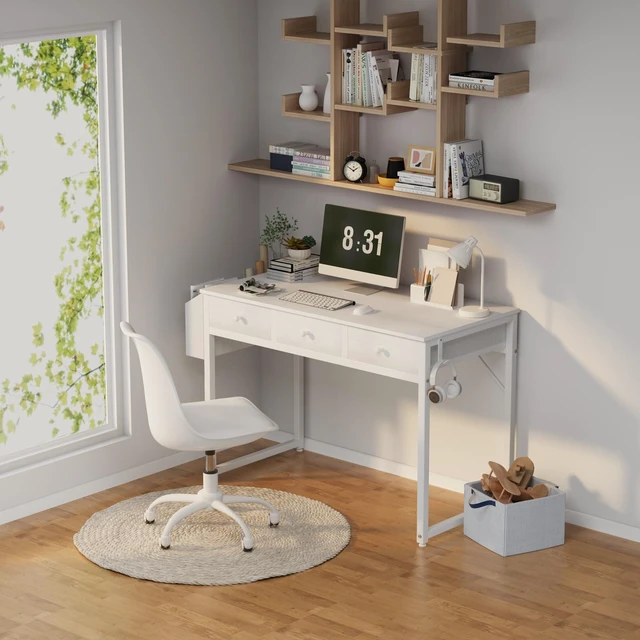 Alt view image 2 of 7 - Small White Computer Desk with Drawers for Home Office Bedroom, 40 Inch Vanity Desk with Fabric Drawer Storage and Side Pouch, Study Writing Table, White