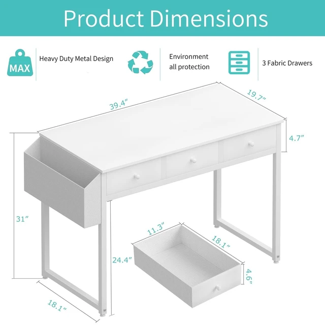 Alt view image 4 of 7 - Small White Computer Desk with Drawers for Home Office Bedroom, 40 Inch Vanity Desk with Fabric Drawer Storage and Side Pouch, Study Writing Table, White