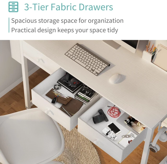 Alt view image 3 of 7 - Small White Computer Desk with Drawers for Home Office Bedroom, 40 Inch Vanity Desk with Fabric Drawer Storage and Side Pouch, Study Writing Table, White