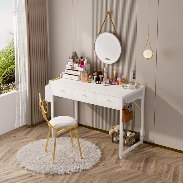 Alt view image 5 of 7 - Small White Computer Desk with Drawers for Home Office Bedroom, 40 Inch Vanity Desk with Fabric Drawer Storage and Side Pouch, Study Writing Table, White