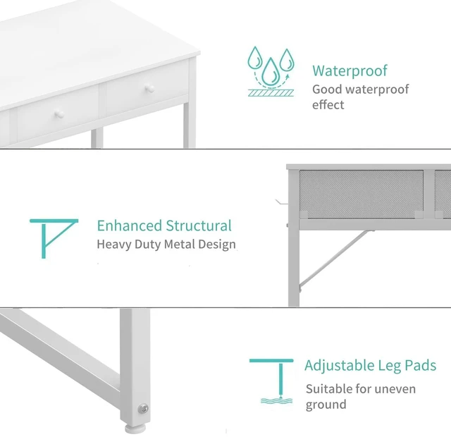 Alt view image 7 of 7 - Small White Computer Desk with Drawers for Home Office Bedroom, 40 Inch Vanity Desk with Fabric Drawer Storage and Side Pouch, Study Writing Table, White
