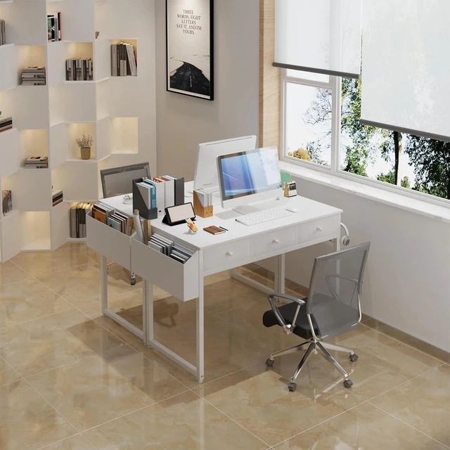 Alt view image 6 of 7 - Small White Computer Desk with Drawers for Home Office Bedroom, 40 Inch Vanity Desk with Fabric Drawer Storage and Side Pouch, Study Writing Table, White
