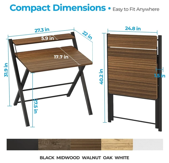 Alt view image 2 of 7 - Folding Desk No Assembly, Sturdy Computer Desk for Small Spaces | Portable Foldable Table for Laptop, 2-Tier Compact with Shelf, Space Saving for Home Office, Dorm, Apartment, 27"x 22" Walnut