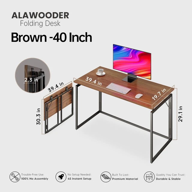Alt view image 6 of 7 - 39.4" Folding Desk: No Assembly, Wood Top for Small Spaces | 39.4 in dual-monitor workspace, holds 150 lbs, folds flat to 2.3 in, splash-proof top, home office or gaming