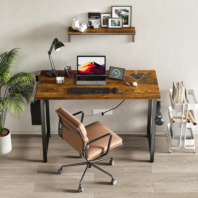 Alt view image 2 of 7 - 40 inch Computer Desk with Power Outlet, 39 inch Teen Study Table Home Office Work Writing Desk with Charging Station Outlets Built in, Rustic Brown