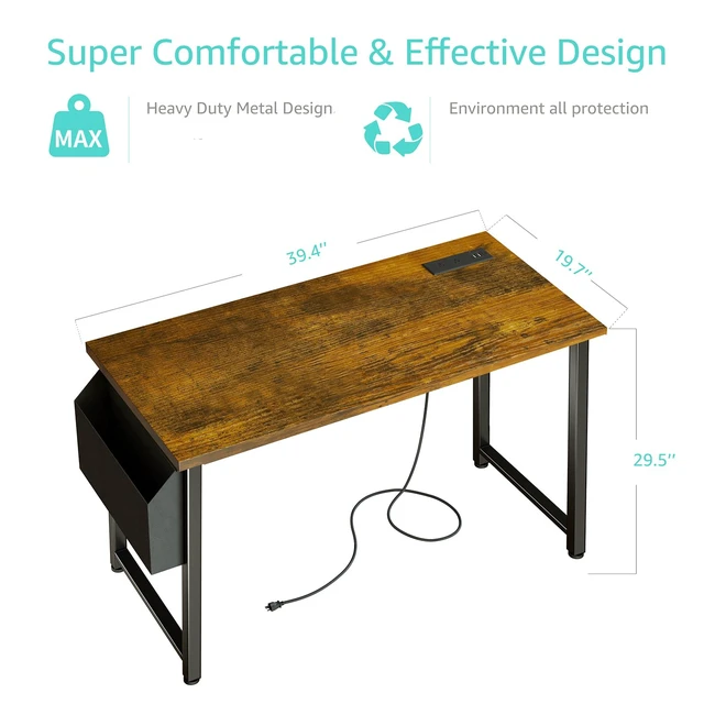 Alt view image 3 of 7 - 40 inch Computer Desk with Power Outlet, 39 inch Teen Study Table Home Office Work Writing Desk with Charging Station Outlets Built in, Rustic Brown