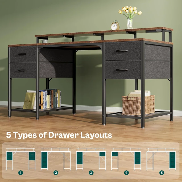 Alt view image 4 of 7 - 63 inch Computer Desk with Power Outlets & 4 Drawers | Gaming Desk with LED Lights, Home Office Desk with Storage Space for Bedroom, Work from Home, Rustic Brown