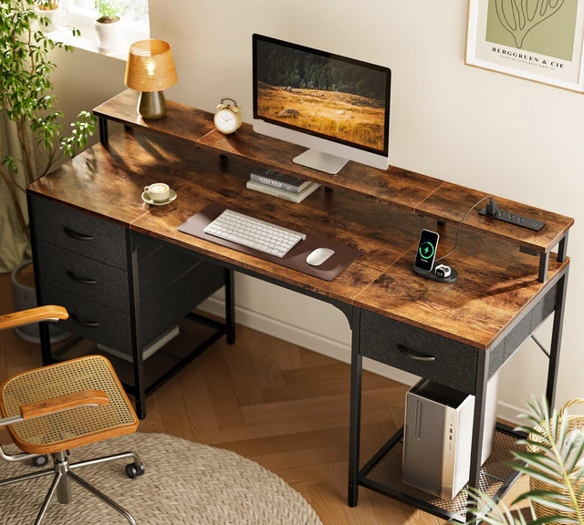 Alt view image 6 of 7 - 63 inch Computer Desk with Power Outlets & 4 Drawers | Gaming Desk with LED Lights, Home Office Desk with Storage Space for Bedroom, Work from Home, Rustic Brown