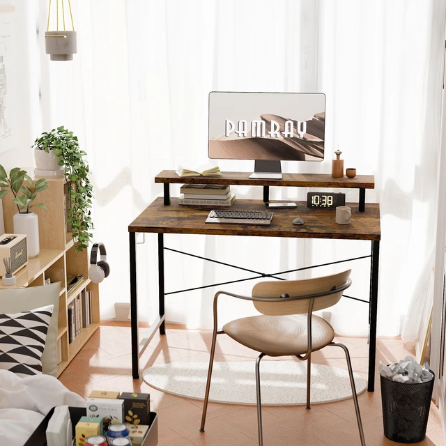 Alt view image 2 of 6 - 32 Inch Small Computer Desk with Monitor Stand, Simple Office Desk with Headphone Hook for Small Spaces, Kids Study Writing Table for Bedroom, Vintage