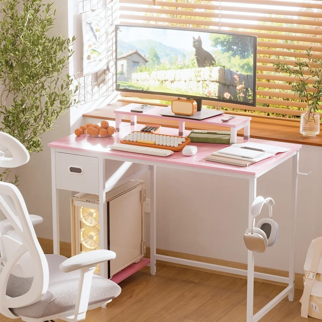 Alt view image 2 of 6 - 39 Inch Small Computer Desk with Monitor Stand and Drawer for Gaming | Small Gaming Desk, for Bedroom Small Spaces, Home Office, Dorm and Apartment, for Writing, Study and Working