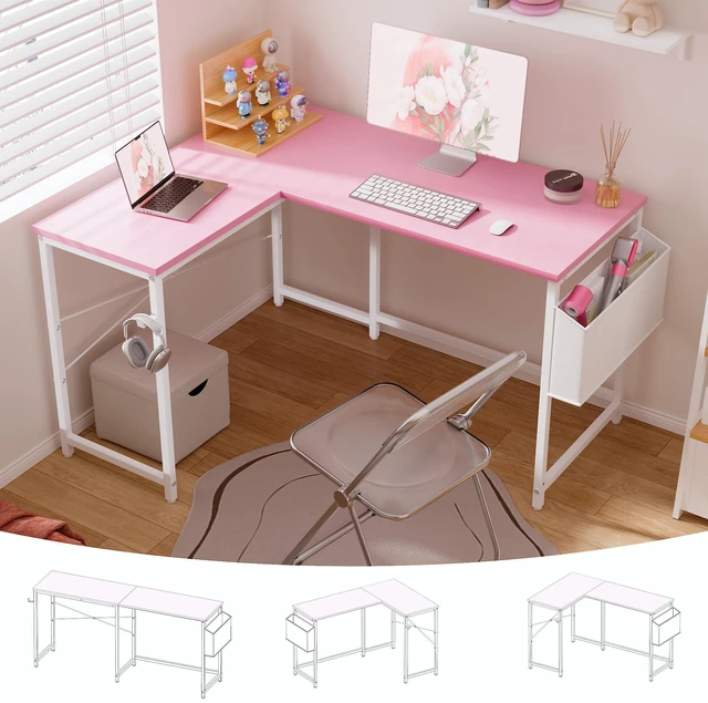 Main image of 47 Inch Reversible L Shaped Gaming Desk Corner Computer Desk with Storage Bag Home Office Table for Writing Study Pink