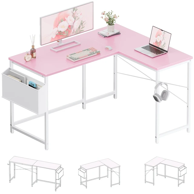 Alt view image 2 of 6 - 47 Inch Reversible L Shaped Gaming Desk Corner Computer Desk with Storage Bag Home Office Table for Writing Study Pink
