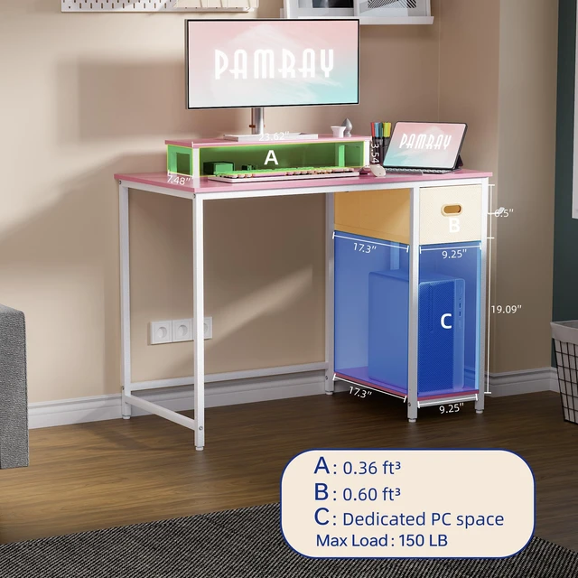 Alt view image 6 of 6 - 39 Inch Small Computer Desk with Monitor Stand and Drawer for Gaming | Small Gaming Desk, for Bedroom Small Spaces, Home Office, Dorm and Apartment, for Writing, Study and Working