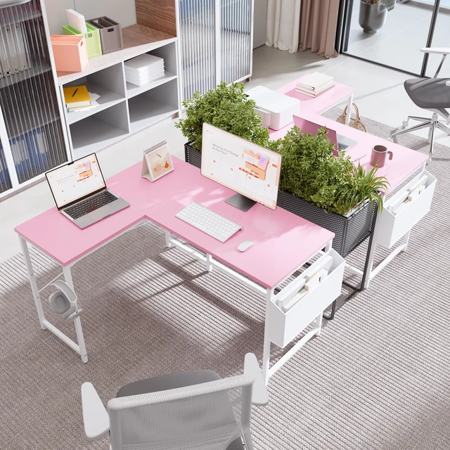 Alt view image 4 of 6 - 47 Inch Reversible L Shaped Gaming Desk Corner Computer Desk with Storage Bag Home Office Table for Writing Study Pink