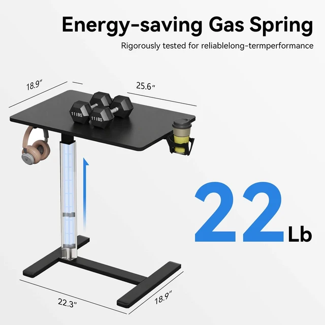 Alt view image 3 of 7 - Mobile Standing Desk on Wheels, Pneumatic Height Adjustable, Black | 18.9 x 25.6 in Desktop, 26.1-40.1 in Height, Pneumatic Lift, C-Shaped Base, Lockable Casters, 22 lb Capacity