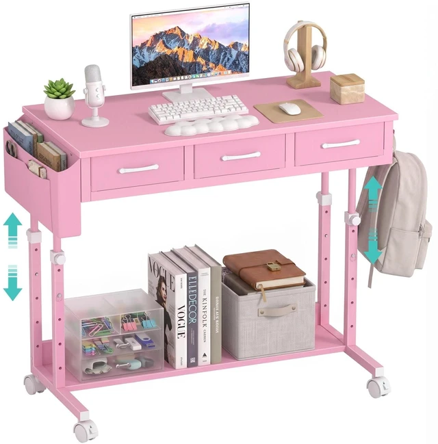 Main image of Pink Rolling Desk with Drawers, 40" Height Adjustable Girls Standing Desk | Mobile Computer Desk with Wheels & Side Table With Storage Pocket & Hooks For Girls Bedroom Vanity Study Writing Art Crafts