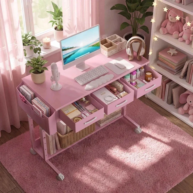 Alt view image 2 of 7 - Pink Rolling Desk with Drawers, 40" Height Adjustable Girls Standing Desk | Mobile Computer Desk with Wheels & Side Table With Storage Pocket & Hooks For Girls Bedroom Vanity Study Writing Art Crafts