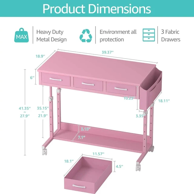 Alt view image 3 of 7 - Pink Rolling Desk with Drawers, 40" Height Adjustable Girls Standing Desk | Mobile Computer Desk with Wheels & Side Table With Storage Pocket & Hooks For Girls Bedroom Vanity Study Writing Art Crafts
