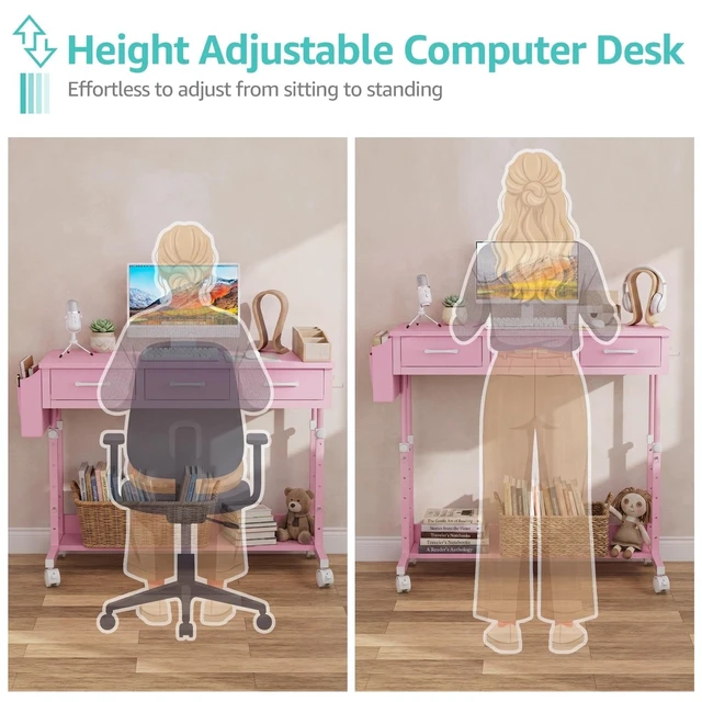 Alt view image 6 of 7 - Pink Rolling Desk with Drawers, 40" Height Adjustable Girls Standing Desk | Mobile Computer Desk with Wheels & Side Table With Storage Pocket & Hooks For Girls Bedroom Vanity Study Writing Art Crafts