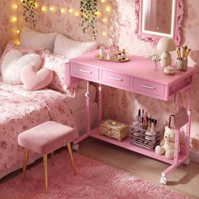 Alt view image 5 of 7 - Pink Rolling Desk with Drawers, 40" Height Adjustable Girls Standing Desk | Mobile Computer Desk with Wheels & Side Table With Storage Pocket & Hooks For Girls Bedroom Vanity Study Writing Art Crafts