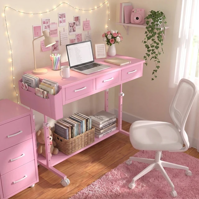 Alt view image 4 of 7 - Pink Rolling Desk with Drawers, 40" Height Adjustable Girls Standing Desk | Mobile Computer Desk with Wheels & Side Table With Storage Pocket & Hooks For Girls Bedroom Vanity Study Writing Art Crafts