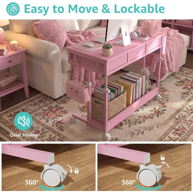 Alt view image 7 of 7 - Pink Rolling Desk with Drawers, 40" Height Adjustable Girls Standing Desk | Mobile Computer Desk with Wheels & Side Table With Storage Pocket & Hooks For Girls Bedroom Vanity Study Writing Art Crafts
