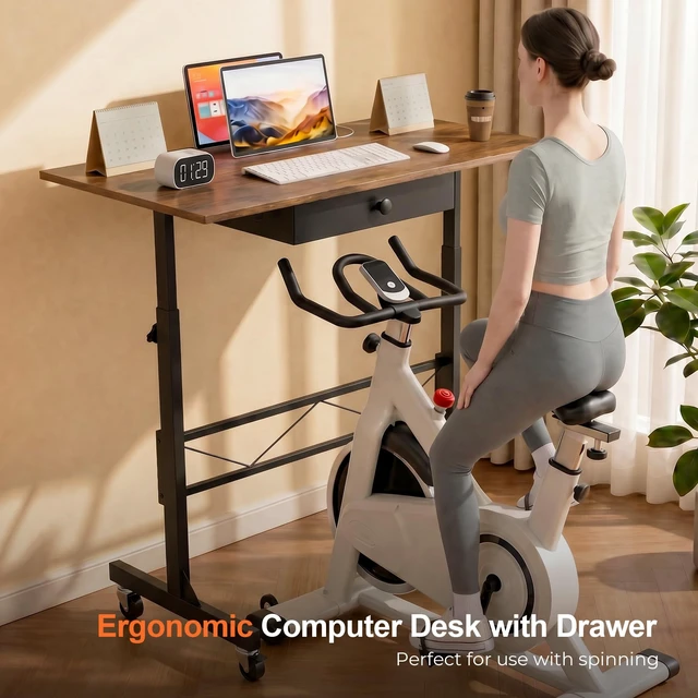 Alt view image 3 of 7 - Small Standing Desk with Storage Drawer, Mobile Height Adjustable Rolling Sit Stand Desk with Lockable Wheels 4Level Portable Laptop Desk for Small Space Home Office Treadmill Workstation