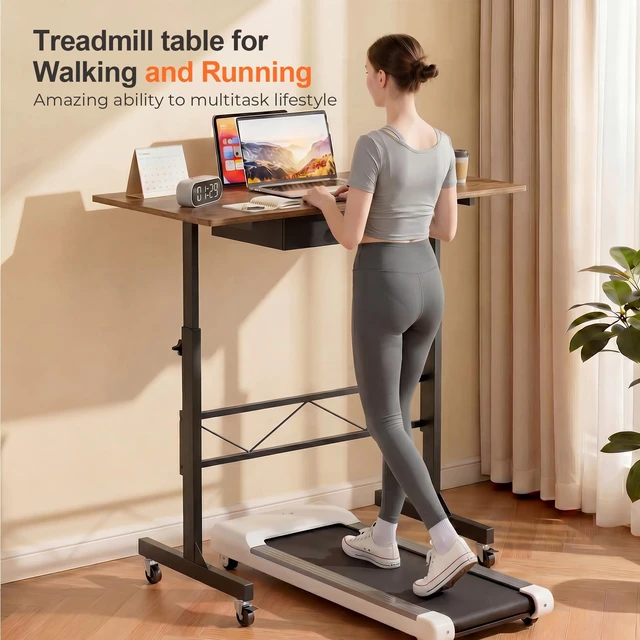 Alt view image 2 of 7 - Small Standing Desk with Storage Drawer, Mobile Height Adjustable Rolling Sit Stand Desk with Lockable Wheels 4Level Portable Laptop Desk for Small Space Home Office Treadmill Workstation