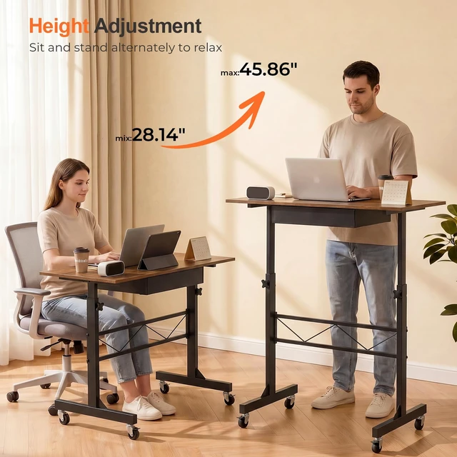 Alt view image 5 of 7 - Small Standing Desk with Storage Drawer, Mobile Height Adjustable Rolling Sit Stand Desk with Lockable Wheels 4Level Portable Laptop Desk for Small Space Home Office Treadmill Workstation