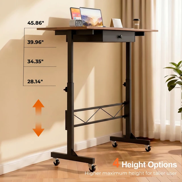 Alt view image 7 of 7 - Small Standing Desk with Storage Drawer, Mobile Height Adjustable Rolling Sit Stand Desk with Lockable Wheels 4Level Portable Laptop Desk for Small Space Home Office Treadmill Workstation