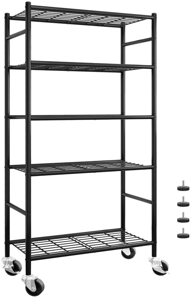 Main image of 5-Tier Storage Shelves 33.1" x12.6" x73.5" Black with Wheels | Two Ways To Use, Flexible Movement & StabilityKitchen, Closet, Pantry, Garage, Adjustable Feet, Metal Construction