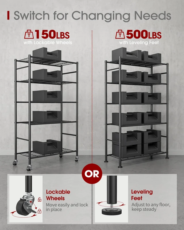 Alt view image 2 of 7 - 5-Tier Storage Shelves 33.1" x12.6" x73.5" Black with Wheels | Two Ways To Use, Flexible Movement & StabilityKitchen, Closet, Pantry, Garage, Adjustable Feet, Metal Construction