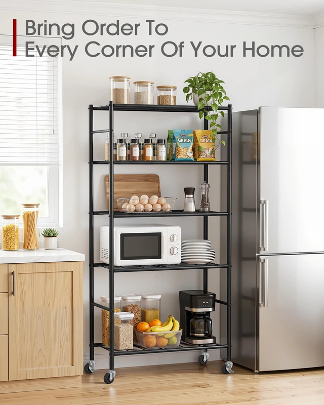 Alt view image 3 of 7 - 5-Tier Storage Shelves 33.1" x12.6" x73.5" Black with Wheels | Two Ways To Use, Flexible Movement & StabilityKitchen, Closet, Pantry, Garage, Adjustable Feet, Metal Construction