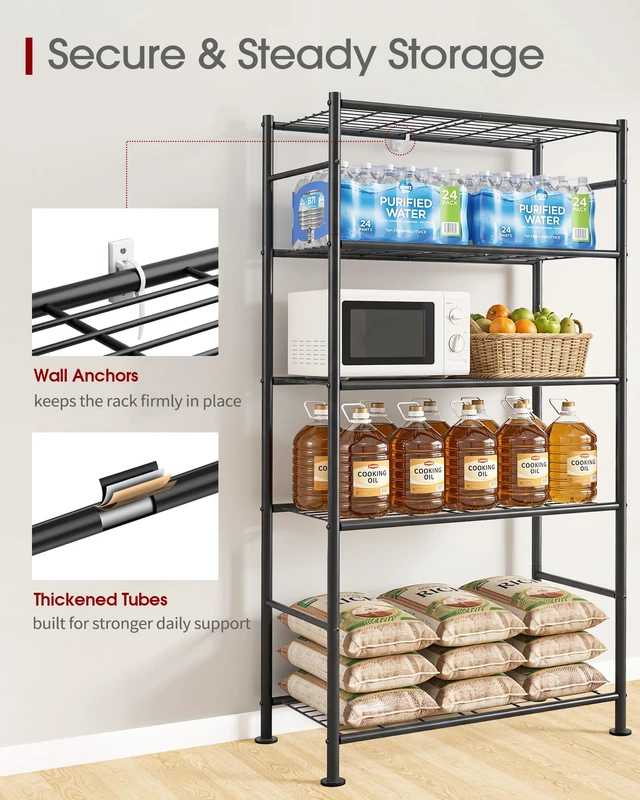 Alt view image 4 of 7 - 5-Tier Storage Shelves 33.1" x12.6" x73.5" Black with Wheels | Two Ways To Use, Flexible Movement & StabilityKitchen, Closet, Pantry, Garage, Adjustable Feet, Metal Construction