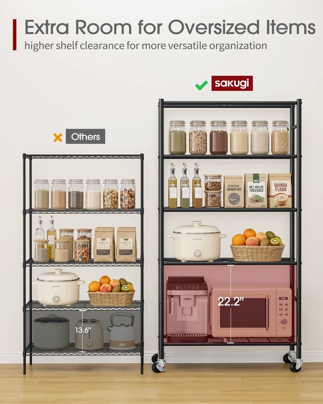 Alt view image 6 of 7 - 5-Tier Storage Shelves 33.1" x12.6" x73.5" Black with Wheels | Two Ways To Use, Flexible Movement & StabilityKitchen, Closet, Pantry, Garage, Adjustable Feet, Metal Construction