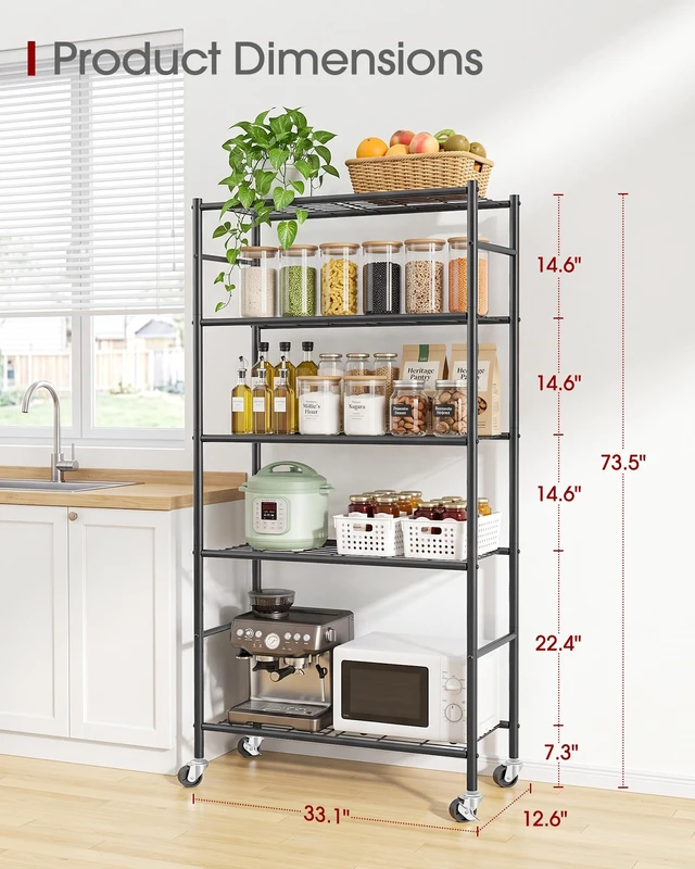Alt view image 5 of 7 - 5-Tier Storage Shelves 33.1" x12.6" x73.5" Black with Wheels | Two Ways To Use, Flexible Movement & StabilityKitchen, Closet, Pantry, Garage, Adjustable Feet, Metal Construction
