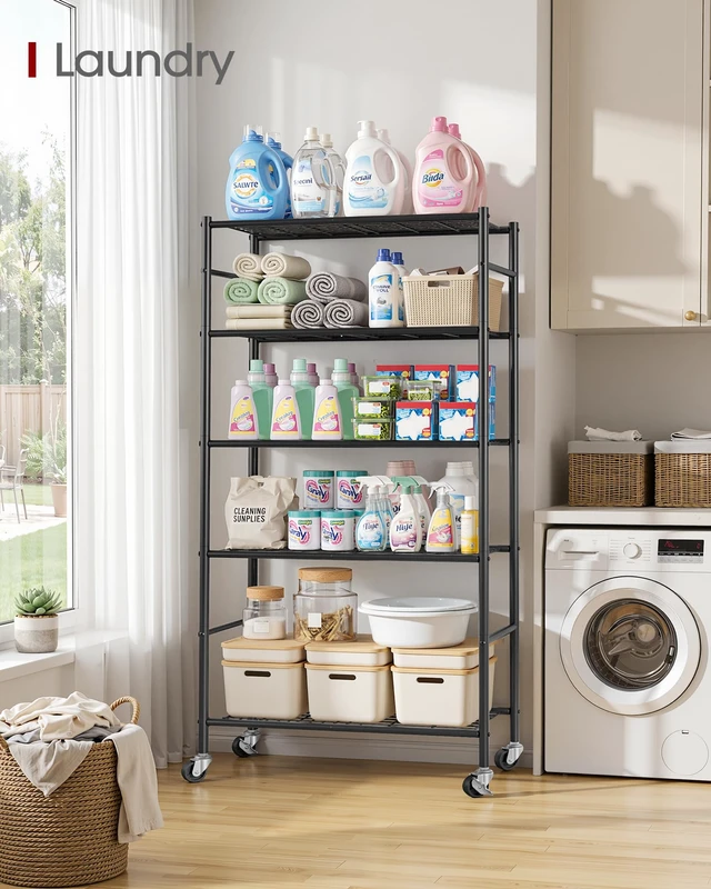 Alt view image 7 of 7 - 5-Tier Storage Shelves 33.1" x12.6" x73.5" Black with Wheels | Two Ways To Use, Flexible Movement & StabilityKitchen, Closet, Pantry, Garage, Adjustable Feet, Metal Construction