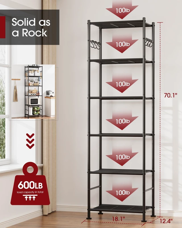 Alt view image 2 of 3 - 6-Tier Storage Shelves with Hooks, 18.1" x 12.4" x 70.1", Black | Heavy-Duty Metal Frame, Space-Saving Shoe Rack & Bookshelf, Adjustable Leveling Feet, Ideal for Bedroom, Bathroom and Garage