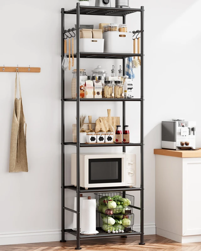 Alt view image 3 of 3 - 6-Tier Storage Shelves with Hooks, 18.1" x 12.4" x 70.1", Black | Heavy-Duty Metal Frame, Space-Saving Shoe Rack & Bookshelf, Adjustable Leveling Feet, Ideal for Bedroom, Bathroom and Garage